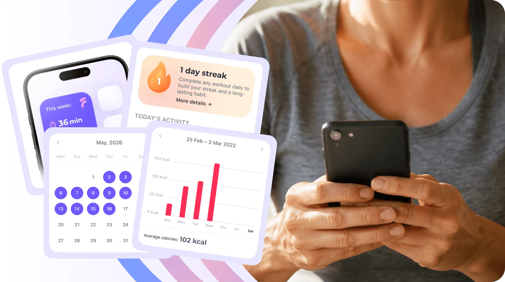 Person using the FitMe app with activity tracking widgets on a phone
