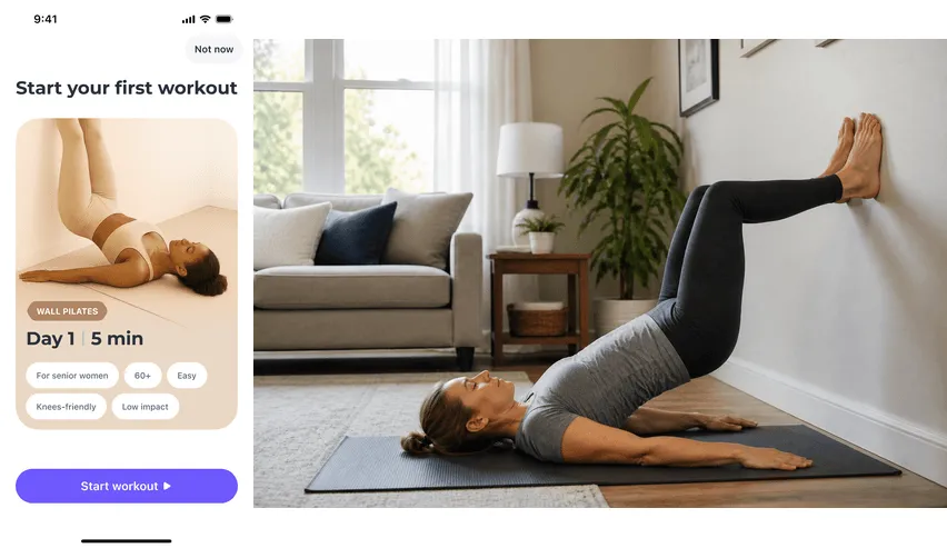 FitMe app Wall Pilates workout preview beside a woman doing wall pilates at home