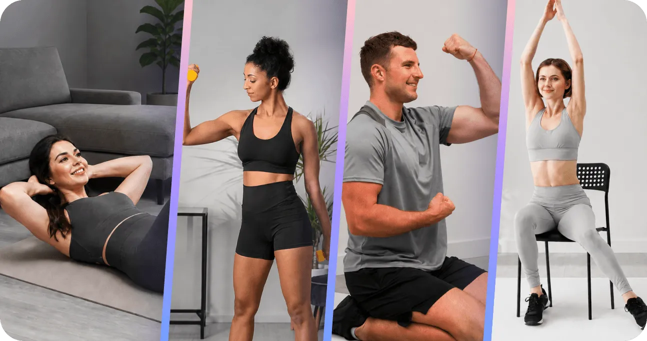 Collage of FitMe home workout programs including chair yoga, pilates, and calisthenics