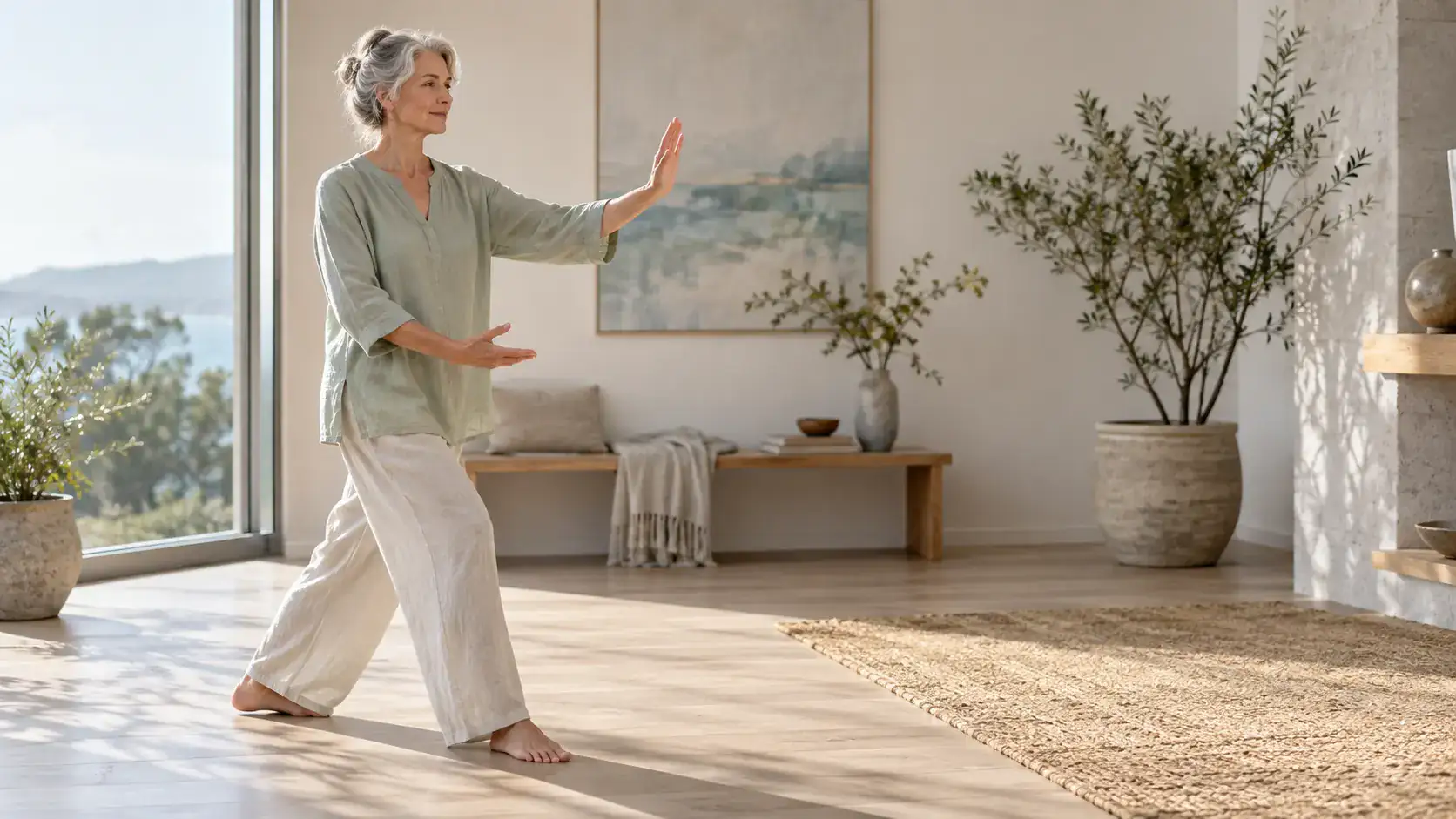 Mature woman practicing Tai Chi walking at home