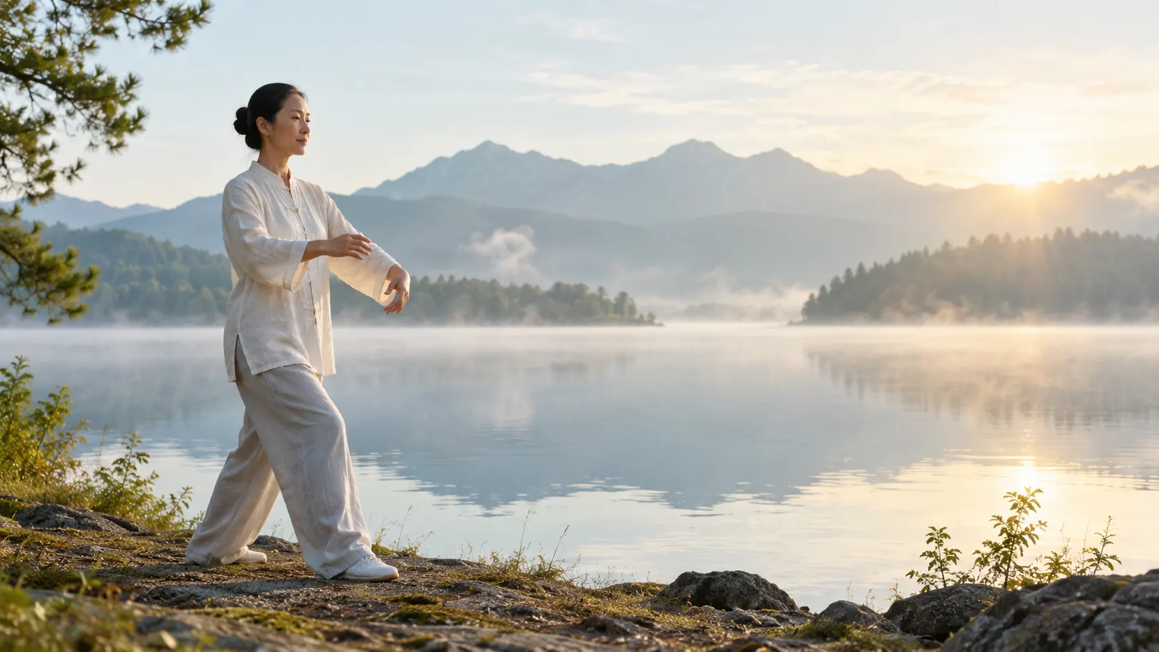 Tai Chi walking by a lake at sunrise