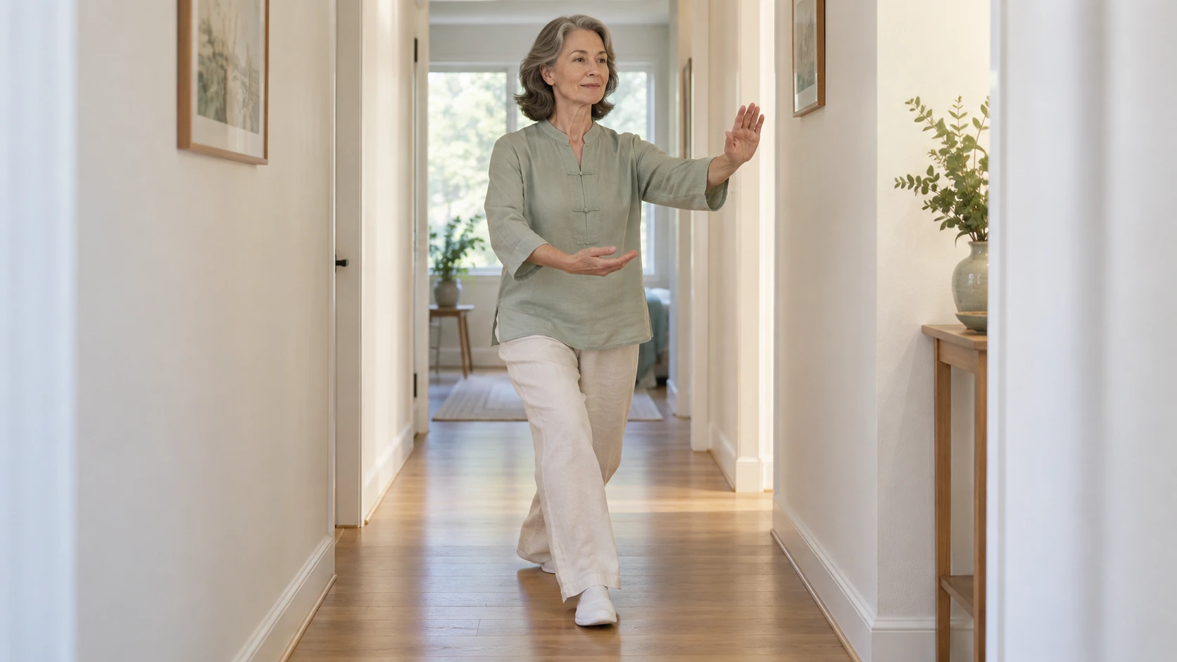 Tai Chi walking practice in a home hallway