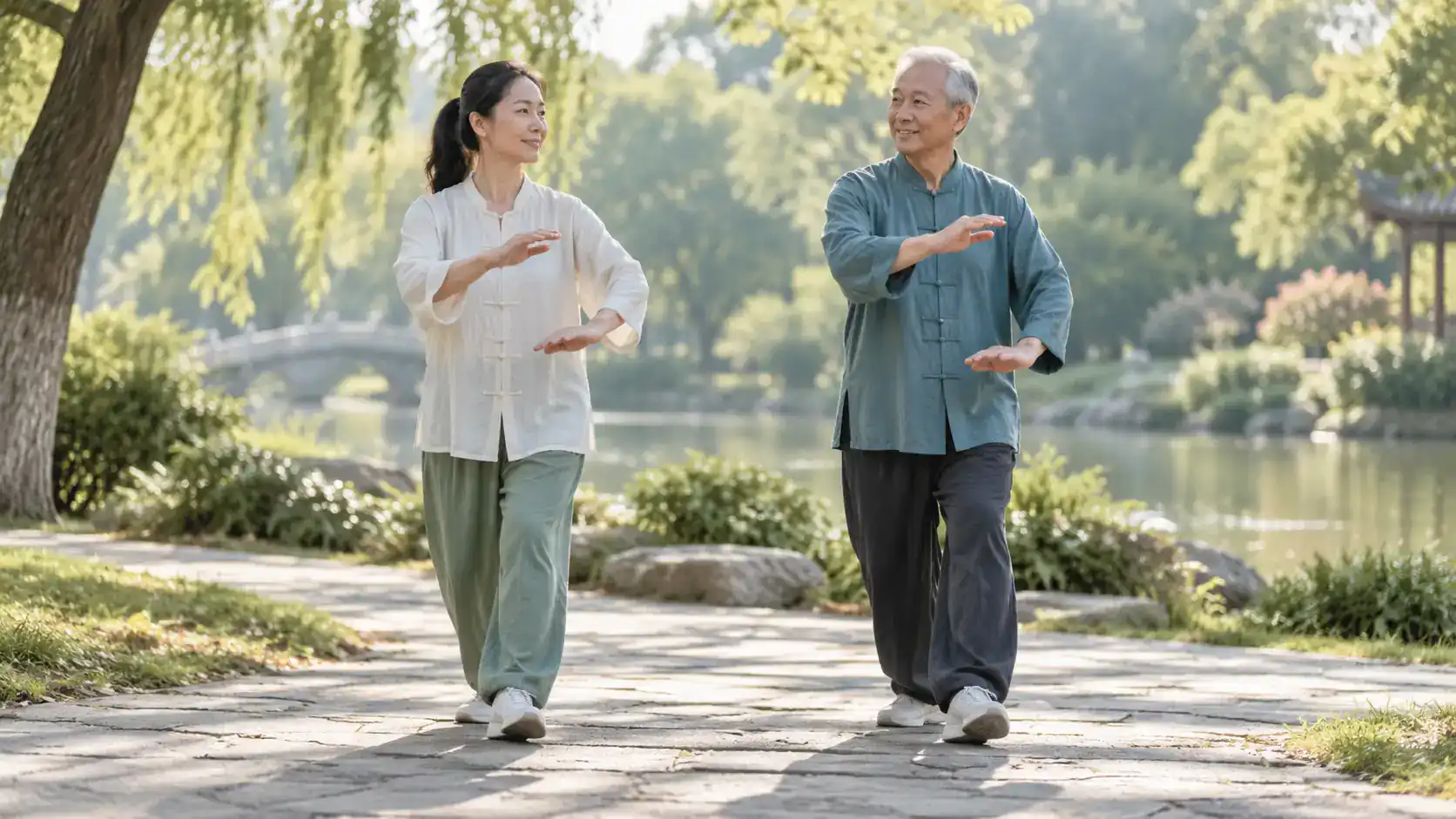 Two adults practicing Tai Chi walking in a park